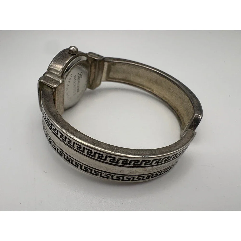 Geneva Cuff Bangle Watch No 6053 Silver Tone Greek Key Japan Movt